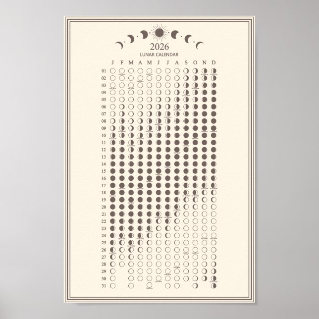 Póster 2026 Moon Phase Lunar Cycles Calendar Minimalist (Frente)