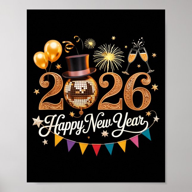 Póster 2026 New Year Celebration Disco Ball Gold Festivit (Frente)