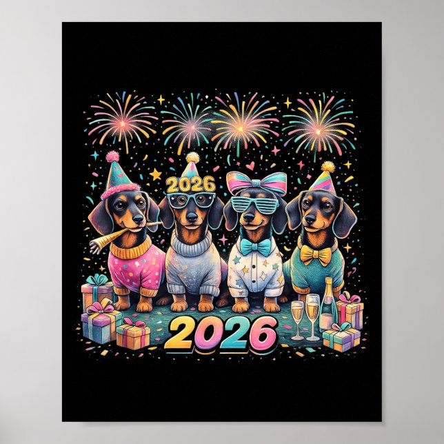 Póster 2026 New Year Dachshund Party Fireworks Fun  (Frente)