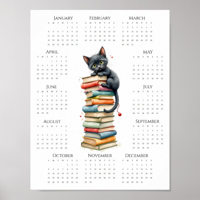 Póster 2026 One-Page Calendar with Black Cat and Books (Frente)