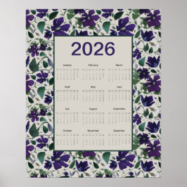 Póster 2026 Purple Clematis Flowers Wall Calendar