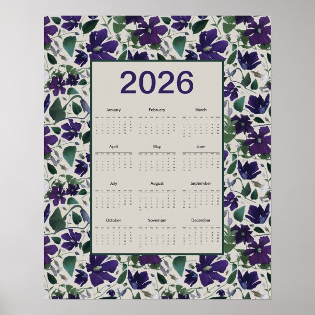 Póster 2026 Purple Clematis Flowers Wall Calendar (Frente)