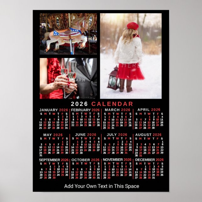 Póster 2026 Year Monthly Calendar Black Custom 3 Photos (Frente)