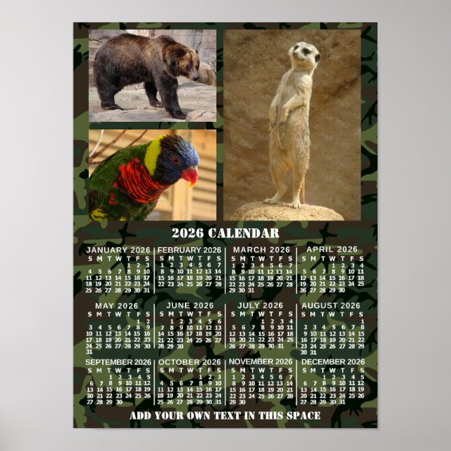 Póster 2026 Year Monthly Calendar Camouflage Add 3 Photos (Frente)