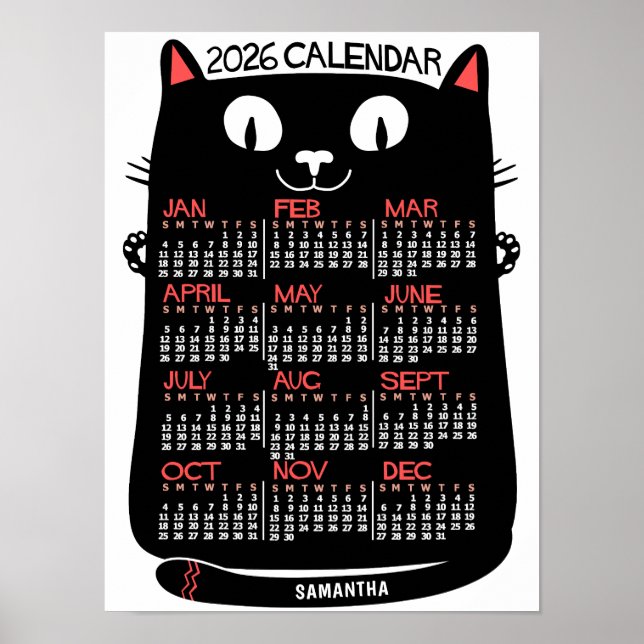 Póster 2026 Year Monthly Calendar Mid-Century Black Cat (Frente)