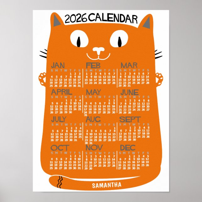 Póster 2026 Year Monthly Calendar Mid-Century Orange Cat (Frente)