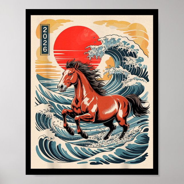 Póster 2026 Year Of The Horse Japanese Wave Art Lunar New (Frente)