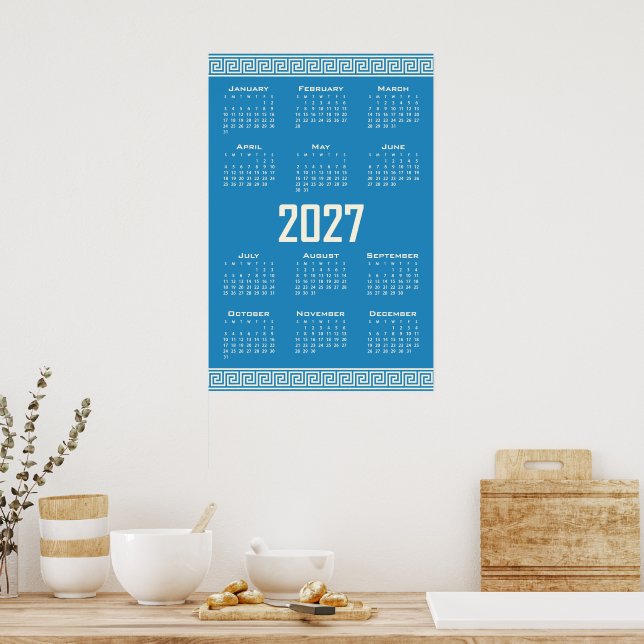 Póster 2027 Calendar, Greek Fret, Cosmic Latte on Blue (Cocina)