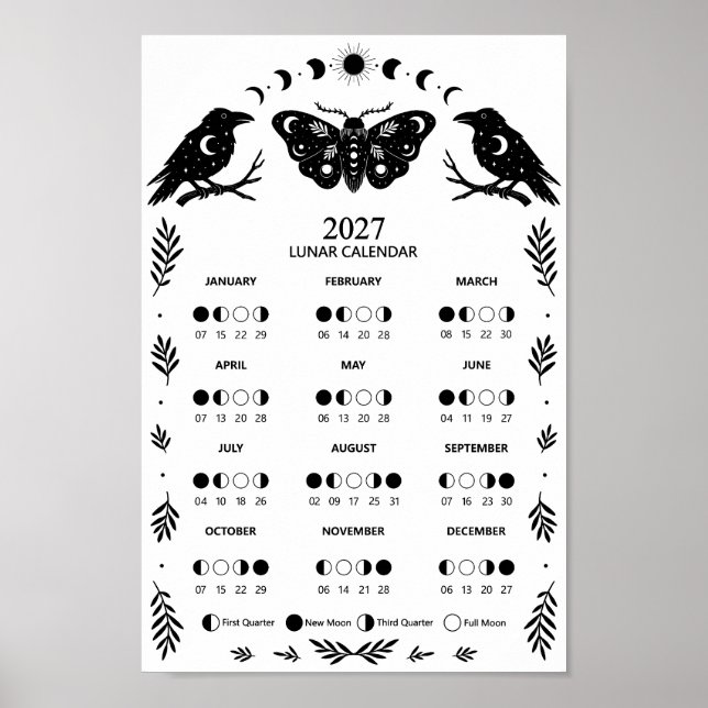 Póster 2027 Moth Crow Celestial Lunar Moon Calendar (Frente)