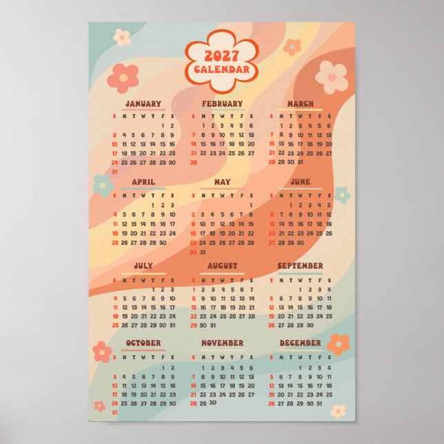Póster 2027 Yearly Calendar Groovy Vintage Pastel Swirl (Frente)