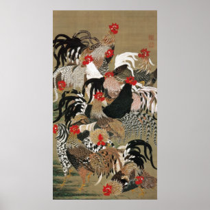 Póster 20. 群 鶏 図, 若 冲 rebaño de gallos, Jakuchu