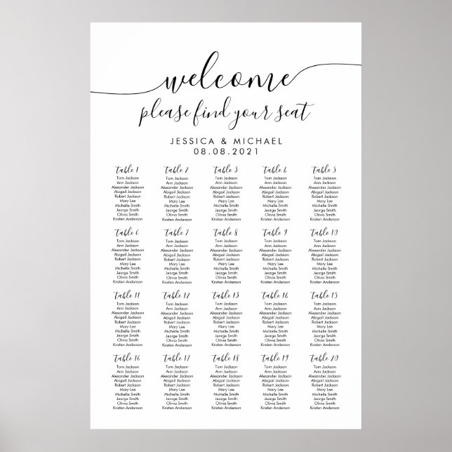 Póster 20 Mesas Bienvenidos Bodas Asientos para 200 Invit (Frente)