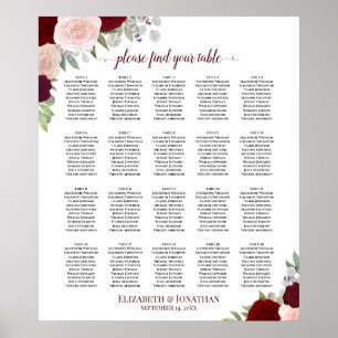 Póster 20 Tabla de asientos Boda Floral Rojo y Rosa