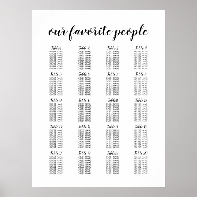 Póster 20 Tabla de asientos para invitados grandes Bodas (Frente)