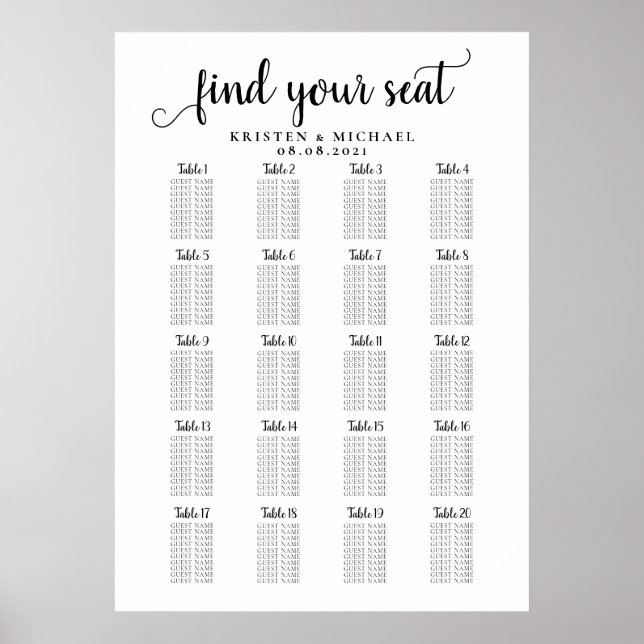 Póster 20 Tabla de asientos para invitados grandes Bodas (Frente)