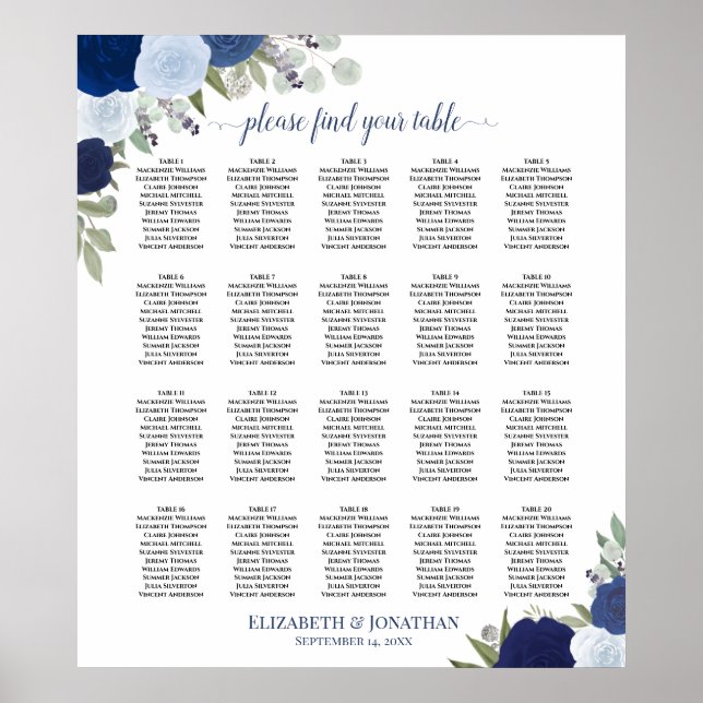 Póster 20 Tabla Elegante Boda Floral Azul (Frente)