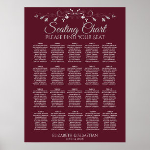 Póster 20 Tabla Elegante de Asientos Boda Borgoña