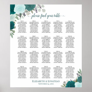 Póster 20 Tabla Elegante de Asientos Verde azulados Bodas