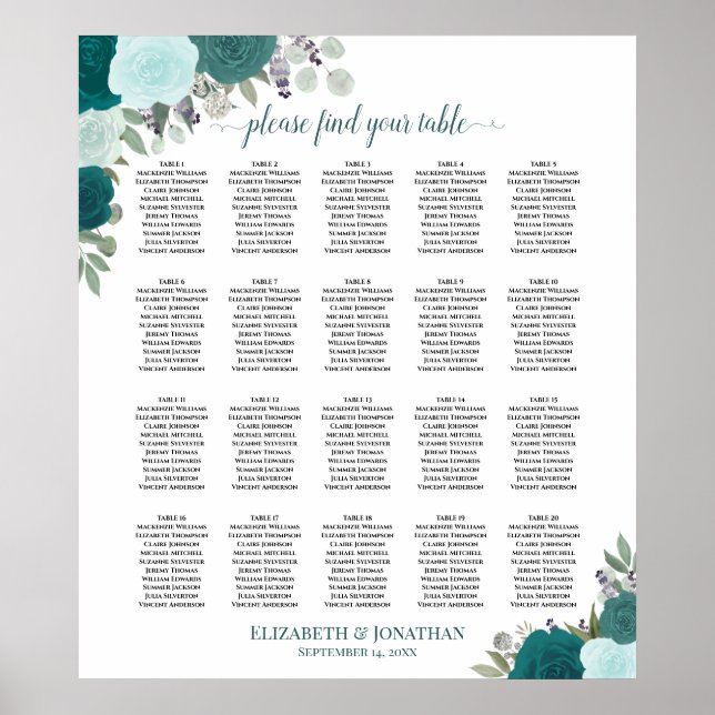 Póster 20 Tabla Elegante de Asientos Verde azulados Bodas (Frente)