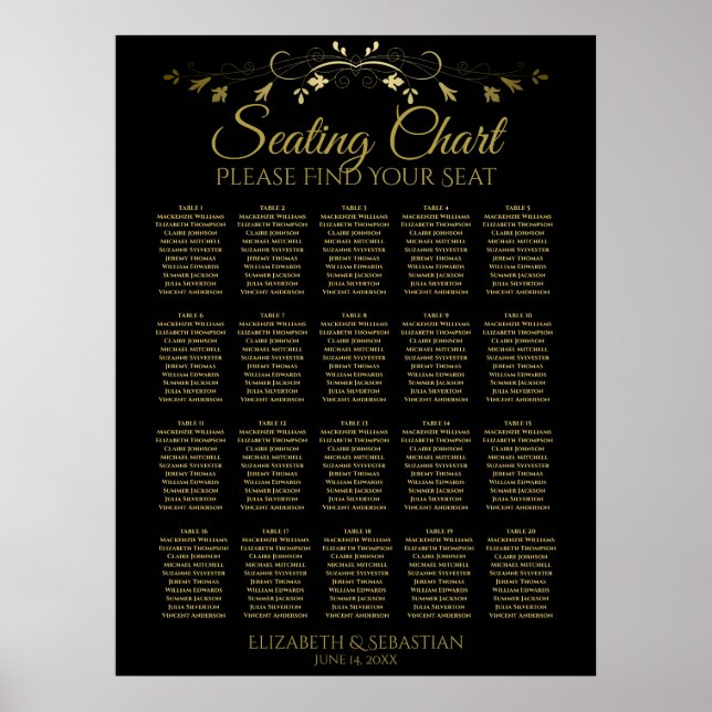 Póster 20 Tabla Elegante Dorado Boda negro gráfico de asi (Frente)