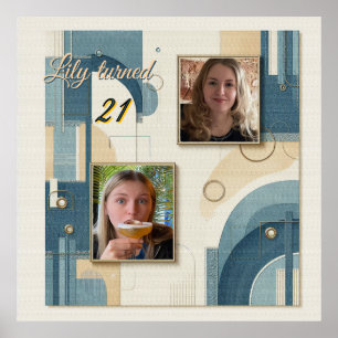 Póster 21 Aniversario Poster de crema azul con flores de 