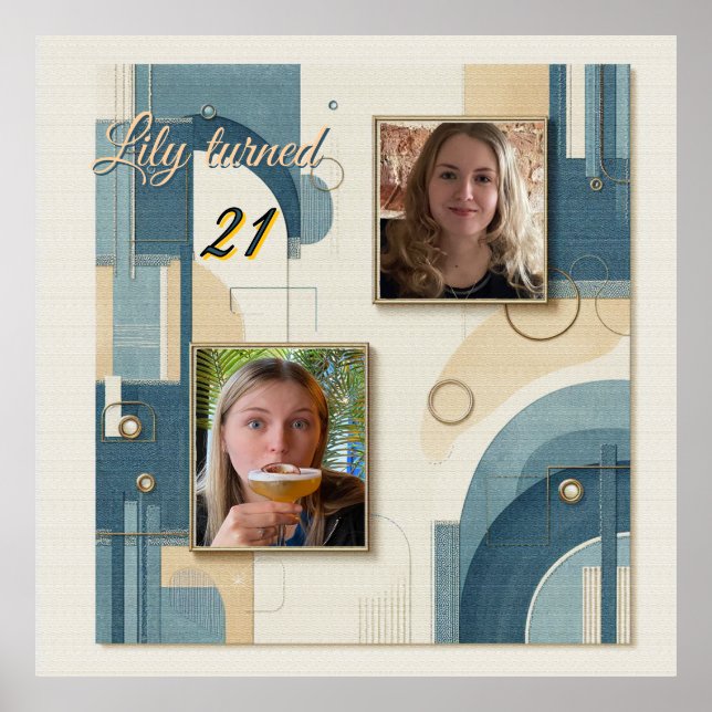 Póster 21 Aniversario Poster de crema azul con flores de  (Frente)