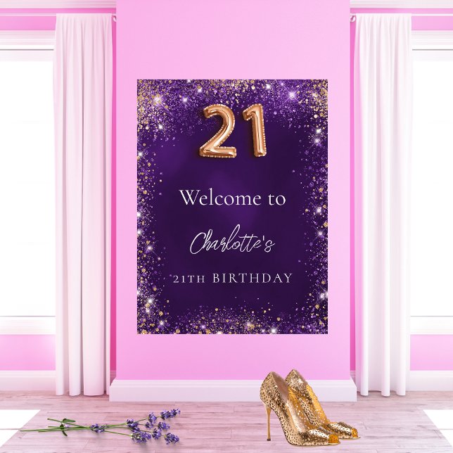 Póster 21 años purpurina morado chispas bienvenida (Subido por el creador)