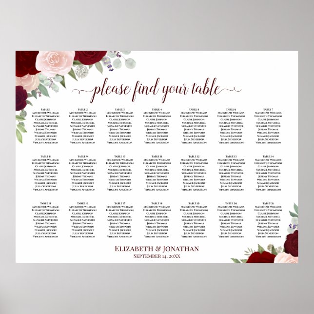 Póster 21 Table Burgundy Blush Boho Floral Seating Chart (Frente)