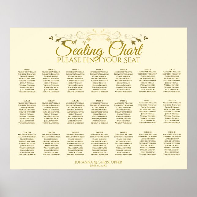 Póster 21 Table Gold Flourish Cream Wedding Seating Chart (Frente)
