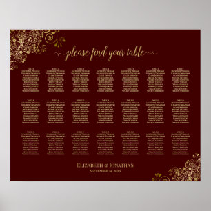 Póster 21 Table Wedding Seating Chart Auburn Gold Frills