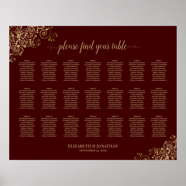 Póster 21 Table Wedding Seating Chart Auburn Gold Frills (Frente)