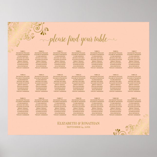 Póster 21 Table Wedding Seating Chart Coral Peach & Gold (Frente)
