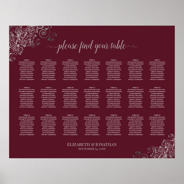 Póster 21 Table Wedding Seating Chart Silver on Burgundy (Frente)