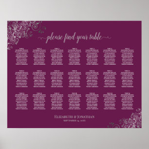 Póster 21 Table Wedding Seating Chart Silver on Cassis