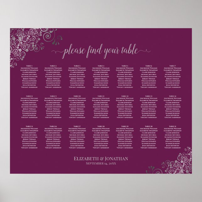 Póster 21 Table Wedding Seating Chart Silver on Cassis (Frente)