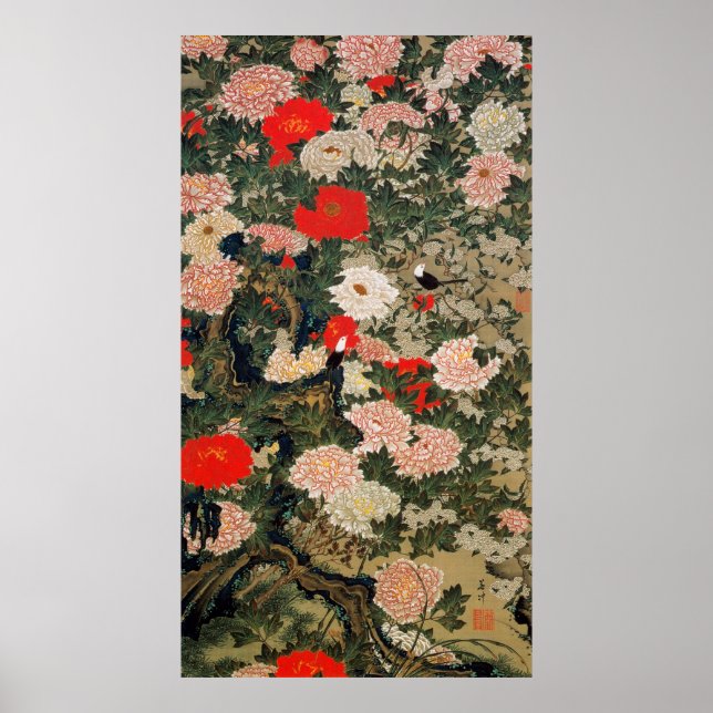 Póster 22. 牡 丹 小 禽 図, 若 Peonies y Aves Pequeñas, Jakuchū (Frente)