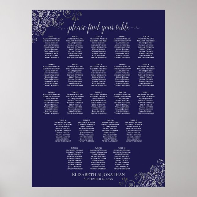 Póster 22 Tabla de asientos Boda de mesa Azul y Gris de l (Frente)