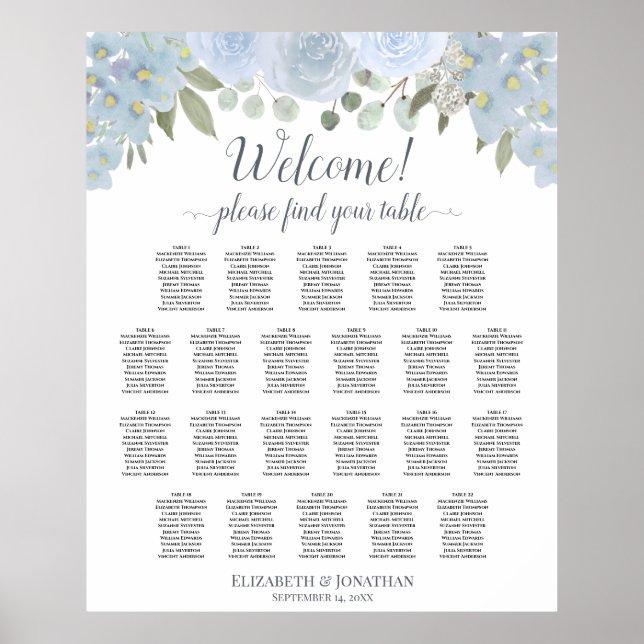 Póster 22 Tabla Dusty Blue Floral Boda (Frente)