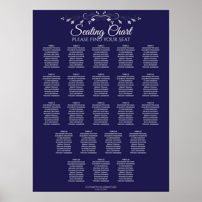 Póster 22 Tabla Elegante Boda azul de la Marina (Frente)