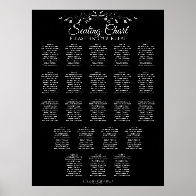 Póster 22 Tabla Elegante de Asientos Boda Negro (Frente)