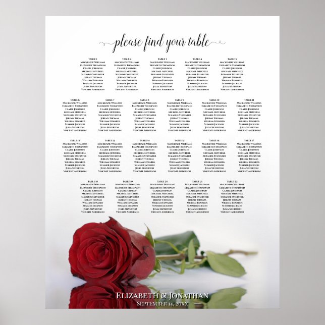 Póster 22 Tabla Elegante de Asientos Boda Rosa Rojo (Frente)