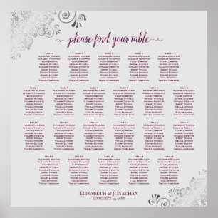 Póster 22 Table Lacy Cassis & Gray Wedding Seating Chart