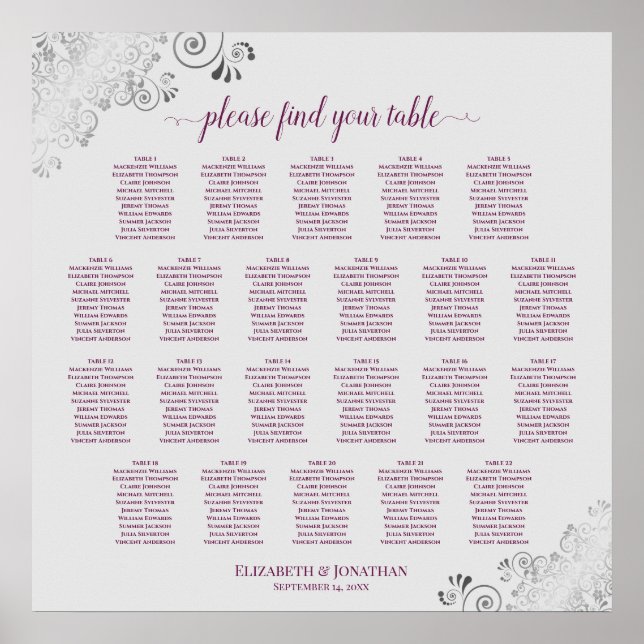 Póster 22 Table Lacy Cassis & Gray Wedding Seating Chart (Frente)