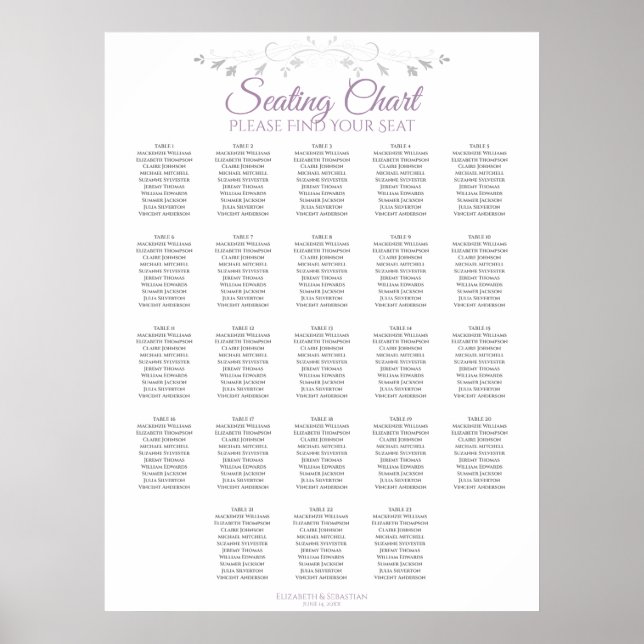 Póster 23 Tabla de asientos Boda morado y gris (Frente)