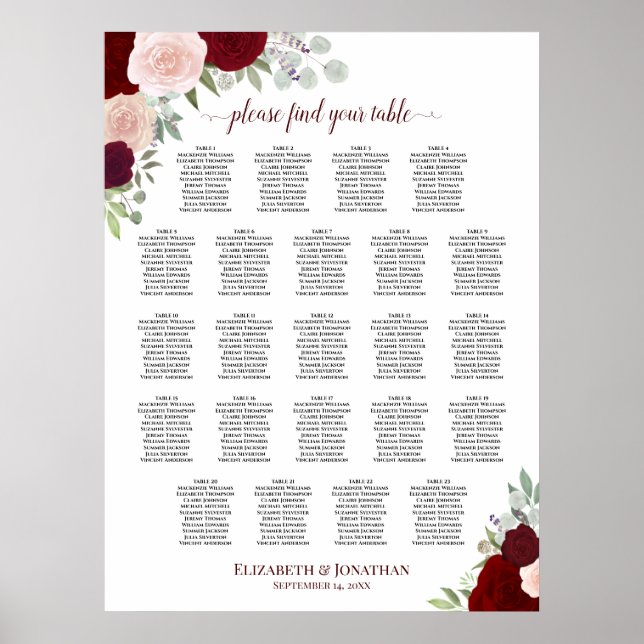 Póster 23 Tabla de asientos de Boda floral rojo y rosa (Frente)