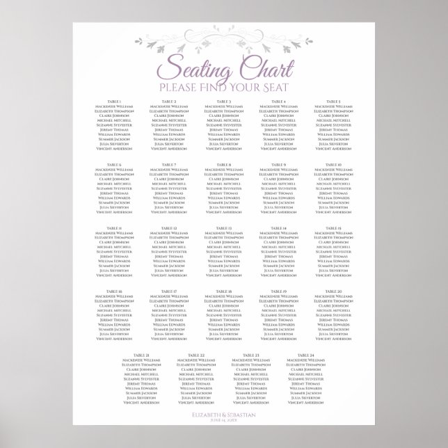 Póster 24 Tabla de asientos Boda morado y gris (Frente)