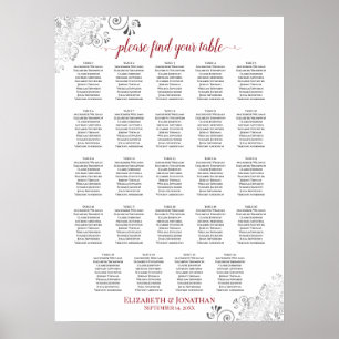 Póster 24 Tabla de asientos de Bodas de Moda blanca y roj