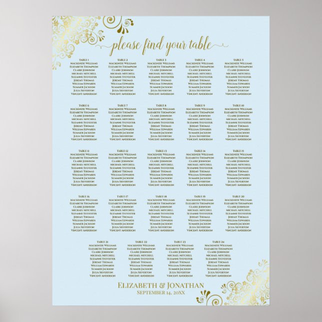 Póster 24 Tabla de asientos en polvo azul y Boda dorado (Frente)