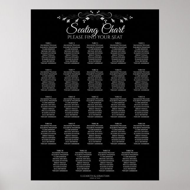 Póster 24 Tabla Elegante de Asientos Boda Negro (Frente)