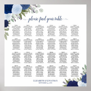 Póster 24 Tabla Elegante Rosas Azules Boda Tabla de asien